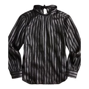 J.Crew Black Metallic Sheer Chiffon Mockneck Top, Bow/Tie Back Blouse Medium NEW